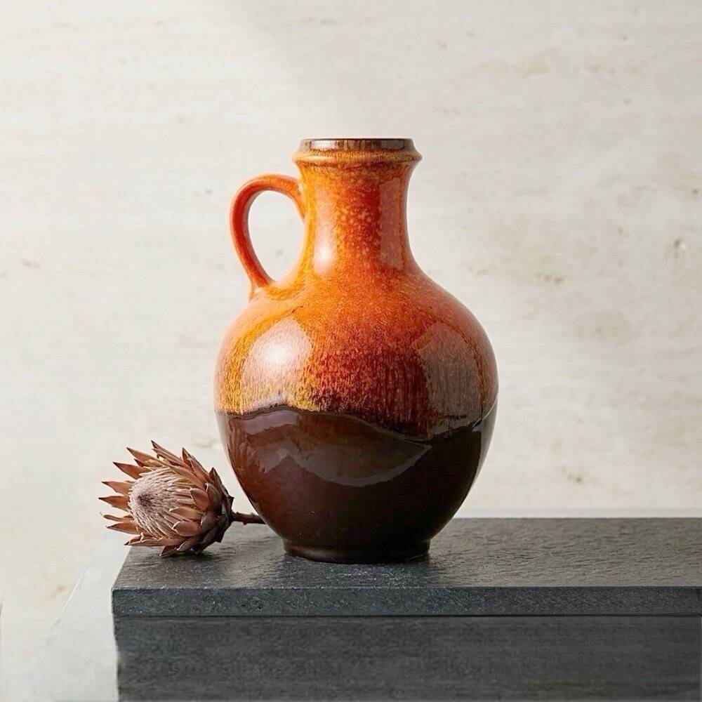 Vase boule à anse Jasba en céramique orange, 1970