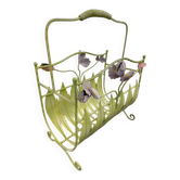 Vintage wrought iron magazine rack, hand-painted flowers.