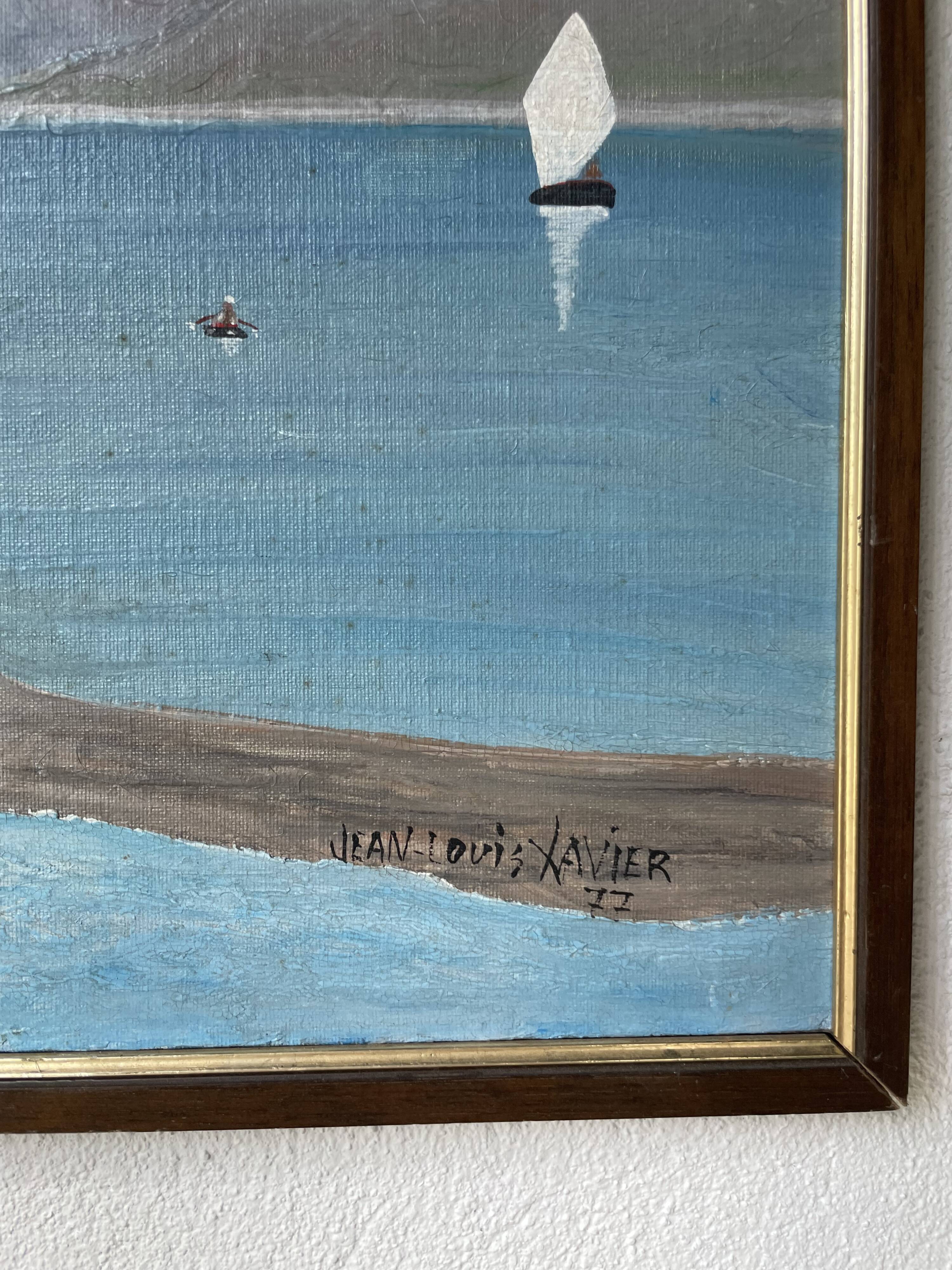 Oil painting on wood boats and lake 1977