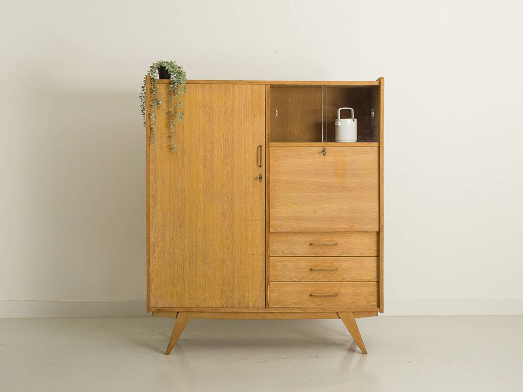 Oak desk cabinet with wardrobe space and fully pickled showcase, circa 60