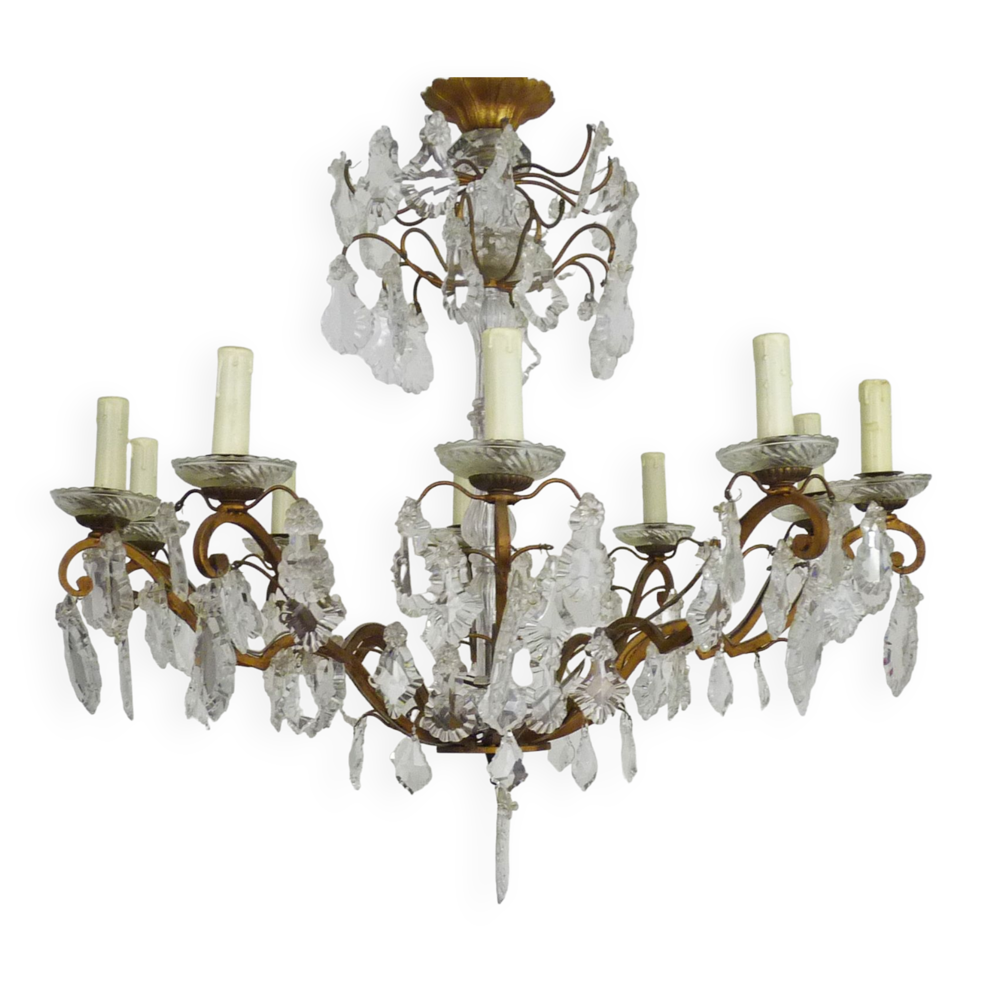 Ancien lustre, luminaire ancien à 10 branches, laiton et verre. Années 50