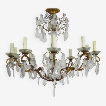 Old chandelier, suspension, old luminaire with 10 branches, brass and glass. 50s