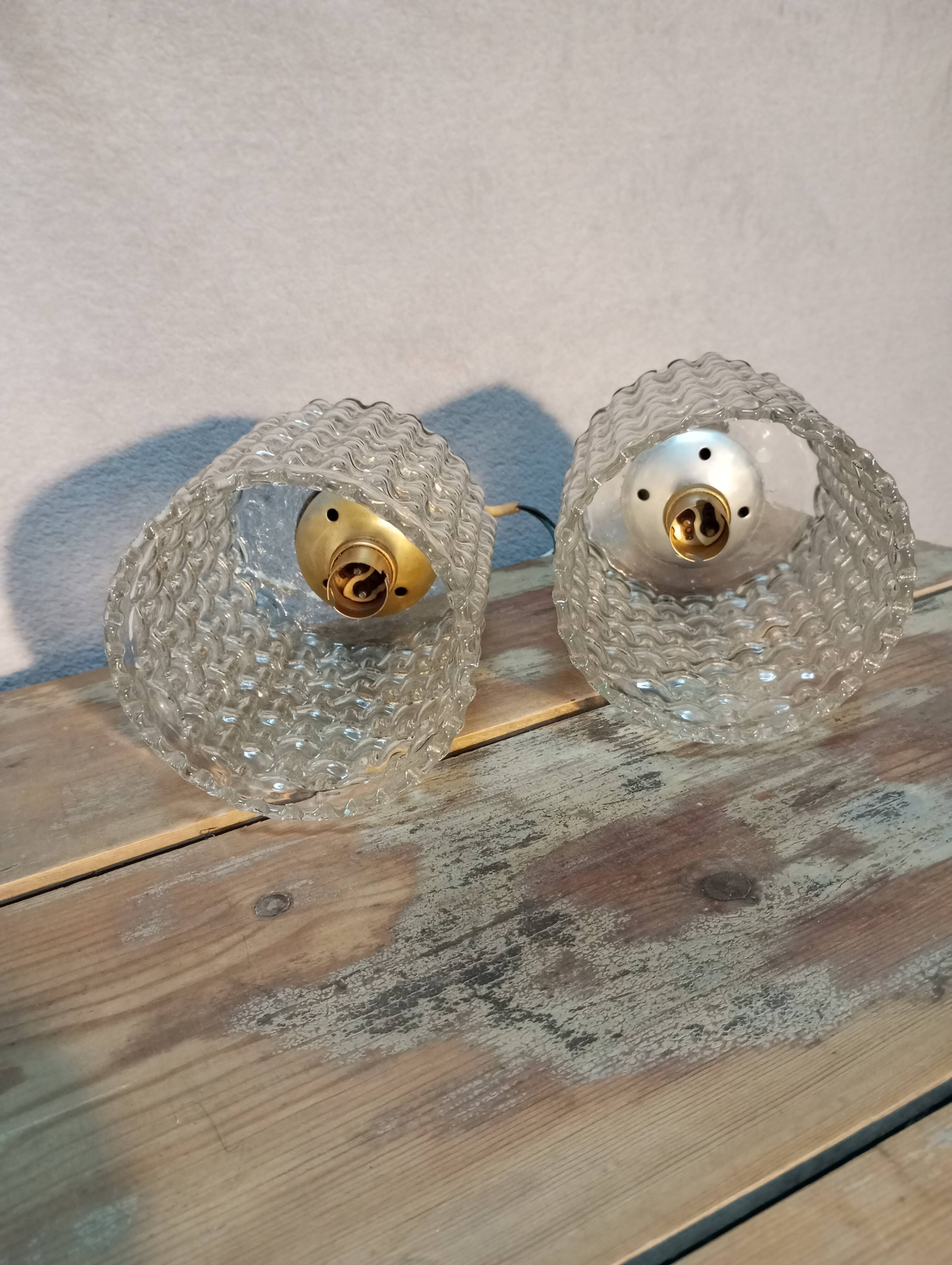 Pair of hanging lamps, glass and metal portable lamps