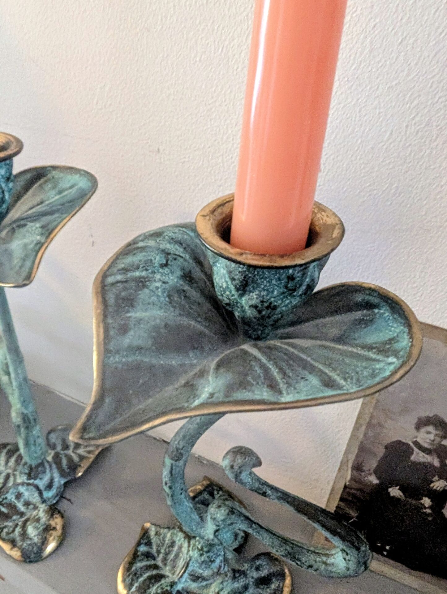 Pair of patinated greenish-blue bronze candlesticks Art Nouveau style