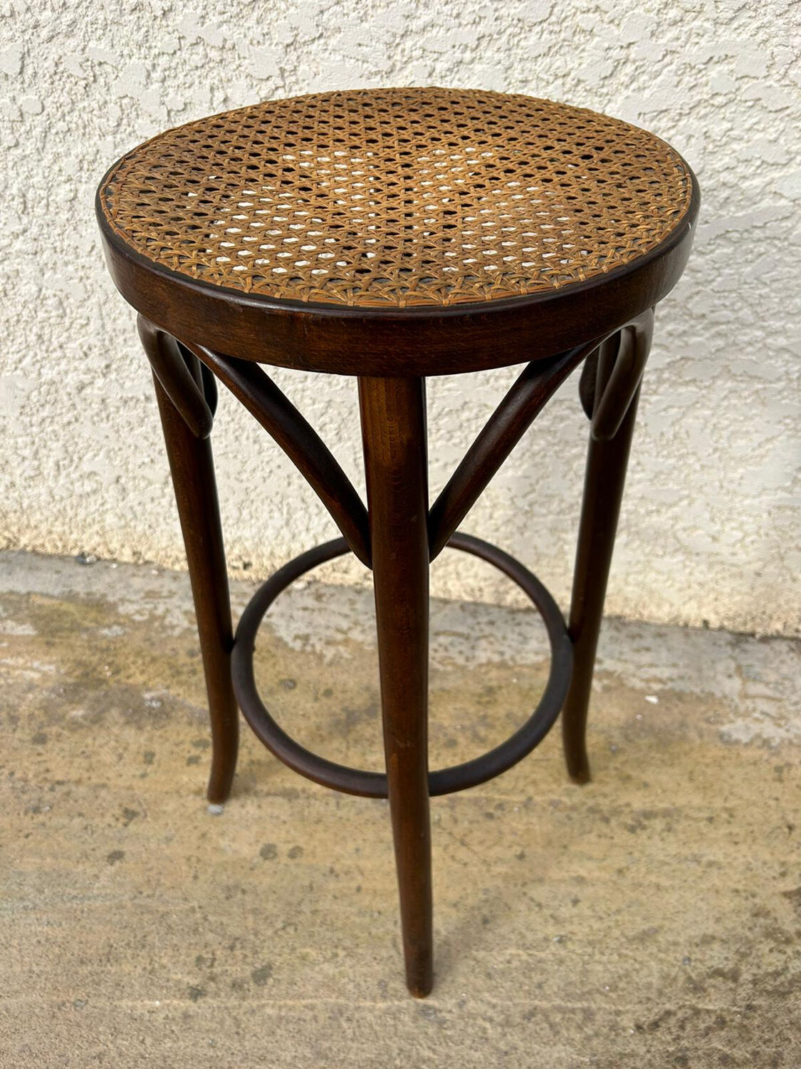 Tabouret de bar vintage en bois & cannage