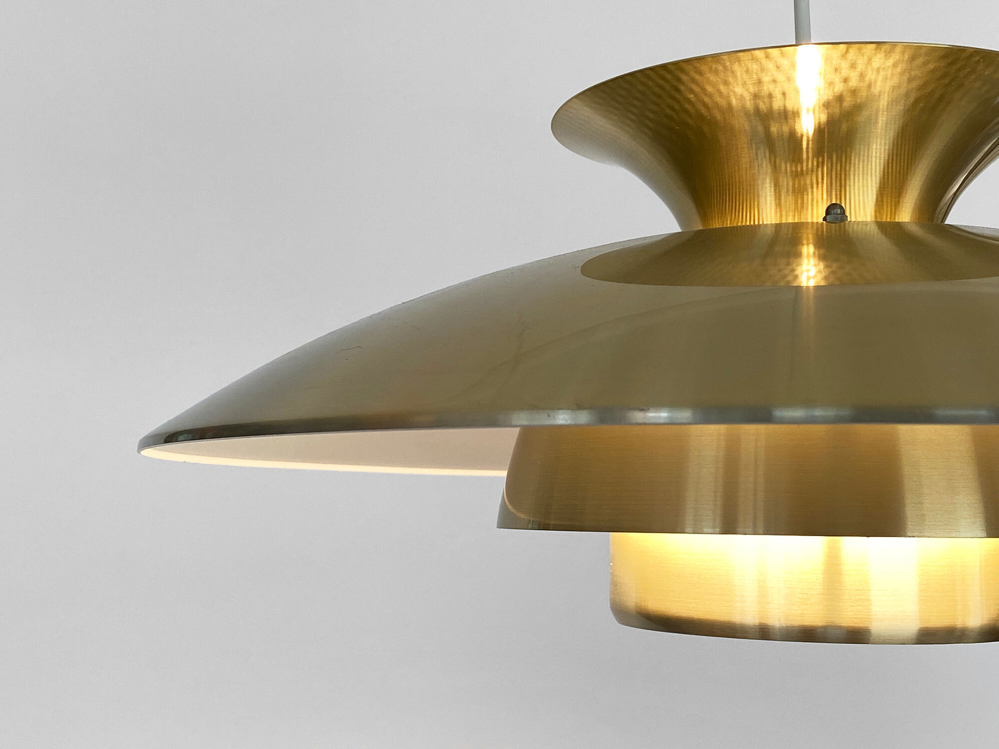 Brushed aluminum pendant light with golden finish, Denmark 1970