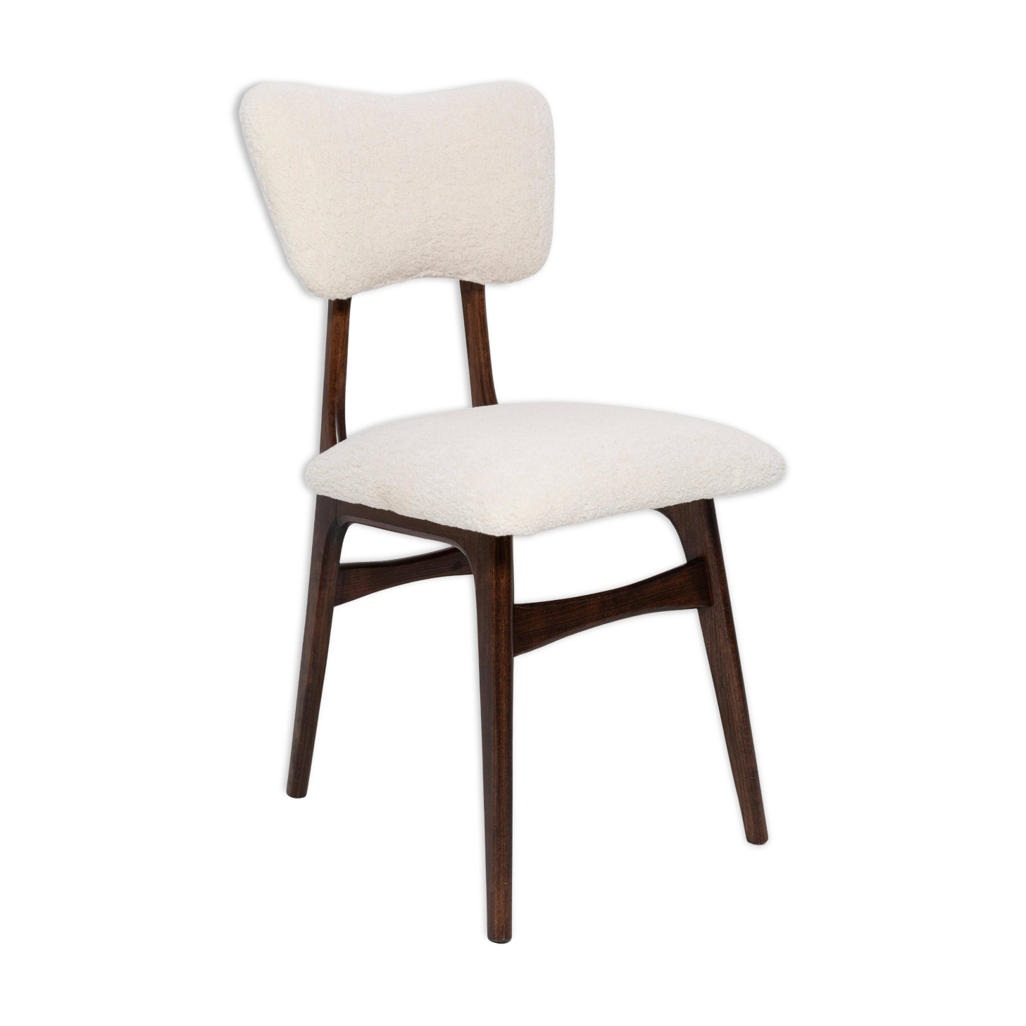 20th-century walnut and light cream boucle butterfly chair, Europe, 1960.