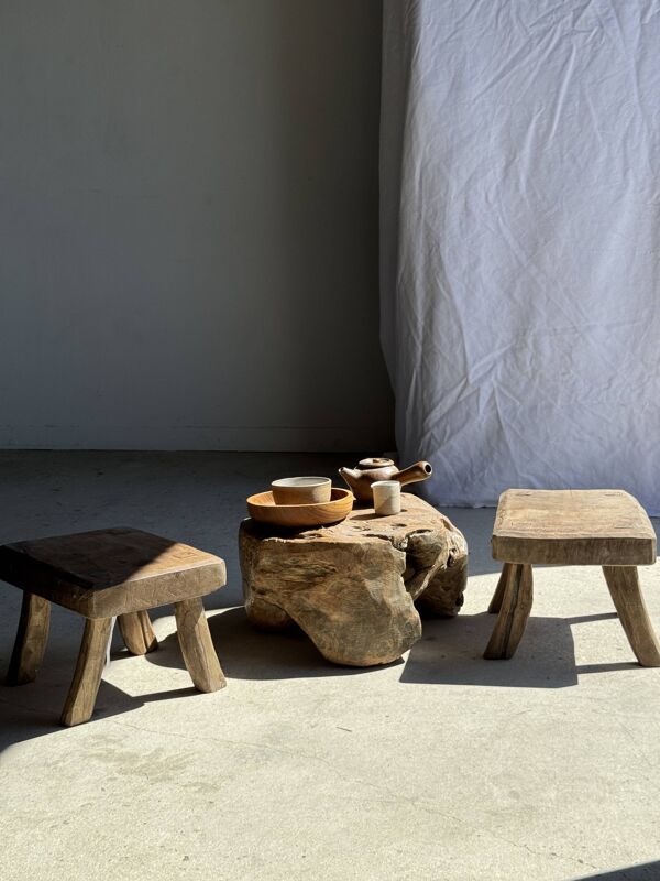 Petit stool, tabouret d'appoint rectangulaire en teck massif wabi-sabi H26