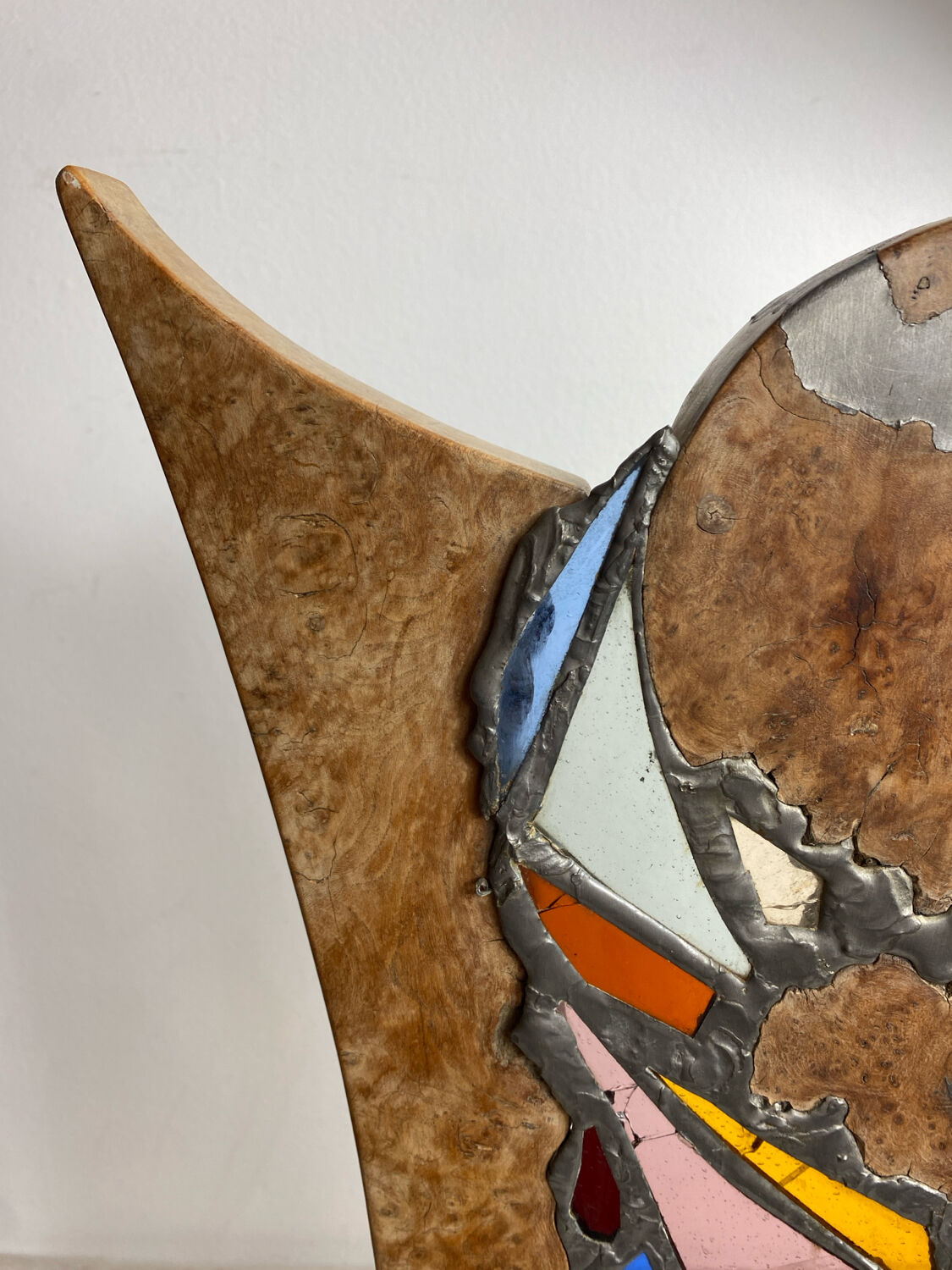 Carved wooden lamp and stained glass