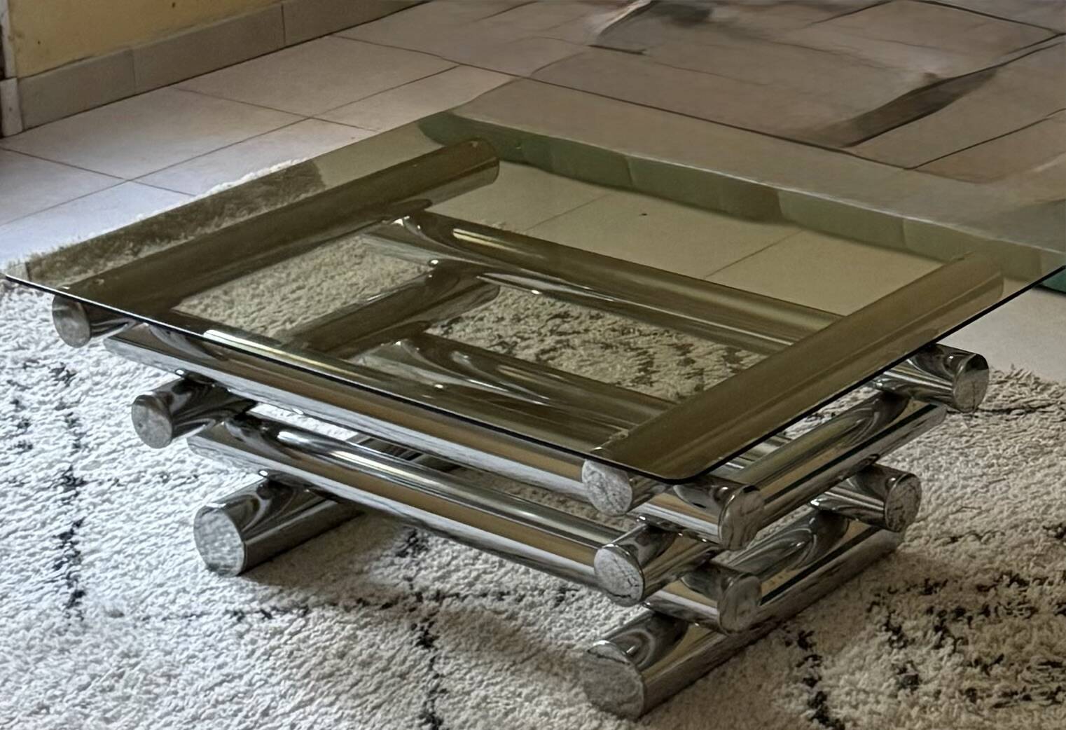 Rectangular coffee table A Space vintage by Paul Mayen in smoked glass and m