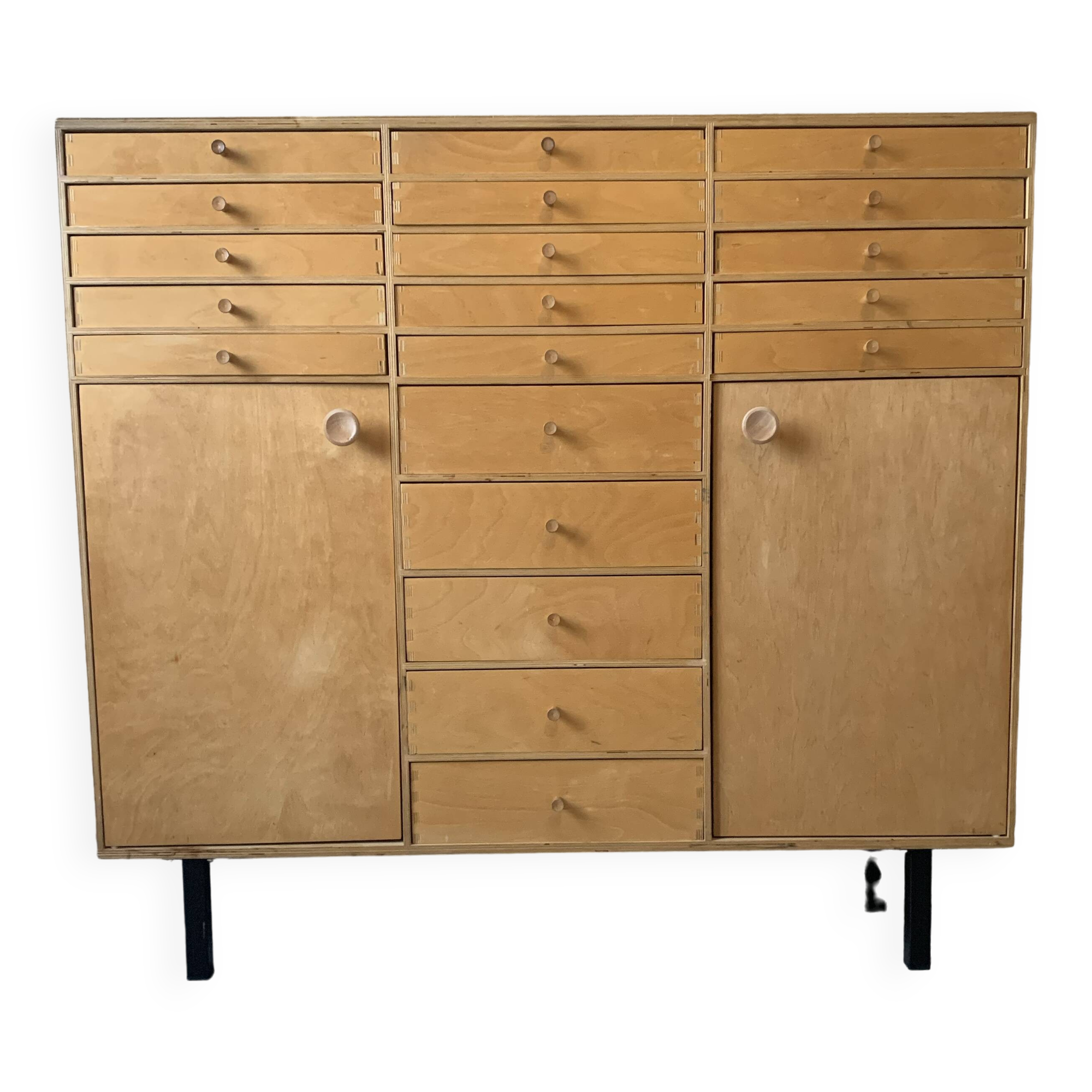 Vintage 20-drawer craft cabinet, 1960s in raw wood