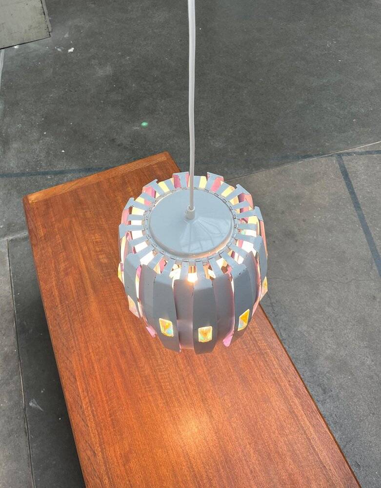 Metal pendant lamp and prism model in white mid-century by Werner Schou for Coronell Elektro, Denmark, 1960s.