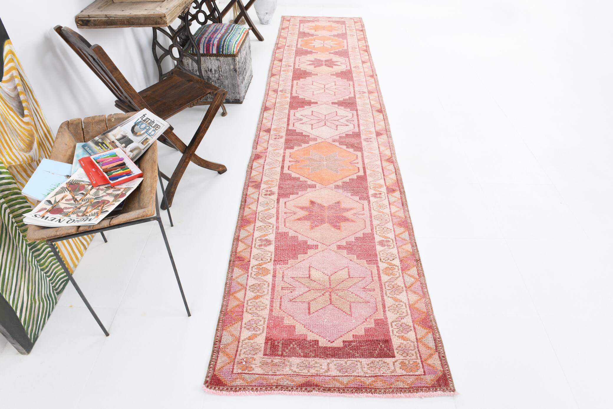 3x13 Rug For Kitchen Red Beige Oushak Vintage Runner Rug, 83x386Cm