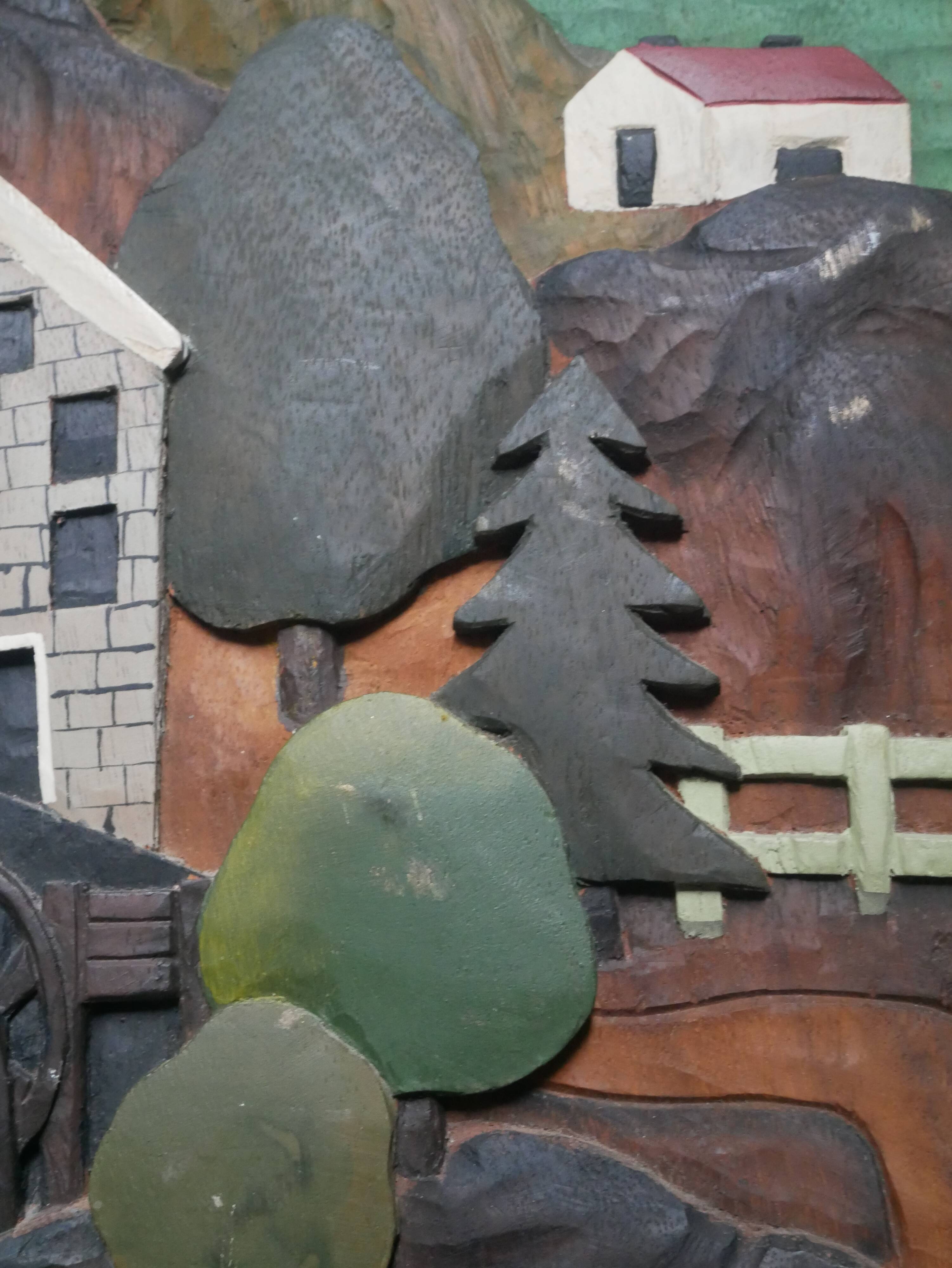 Naïve Art Painting in Handcrafted Wood Decorative Frame for Child Boy Mountain Landscape