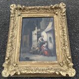 Tableau à l'huile Couple et enfants XIX avec son cadre