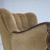 1960s, Danish armchair, original green furniture velour, carved oak wood.