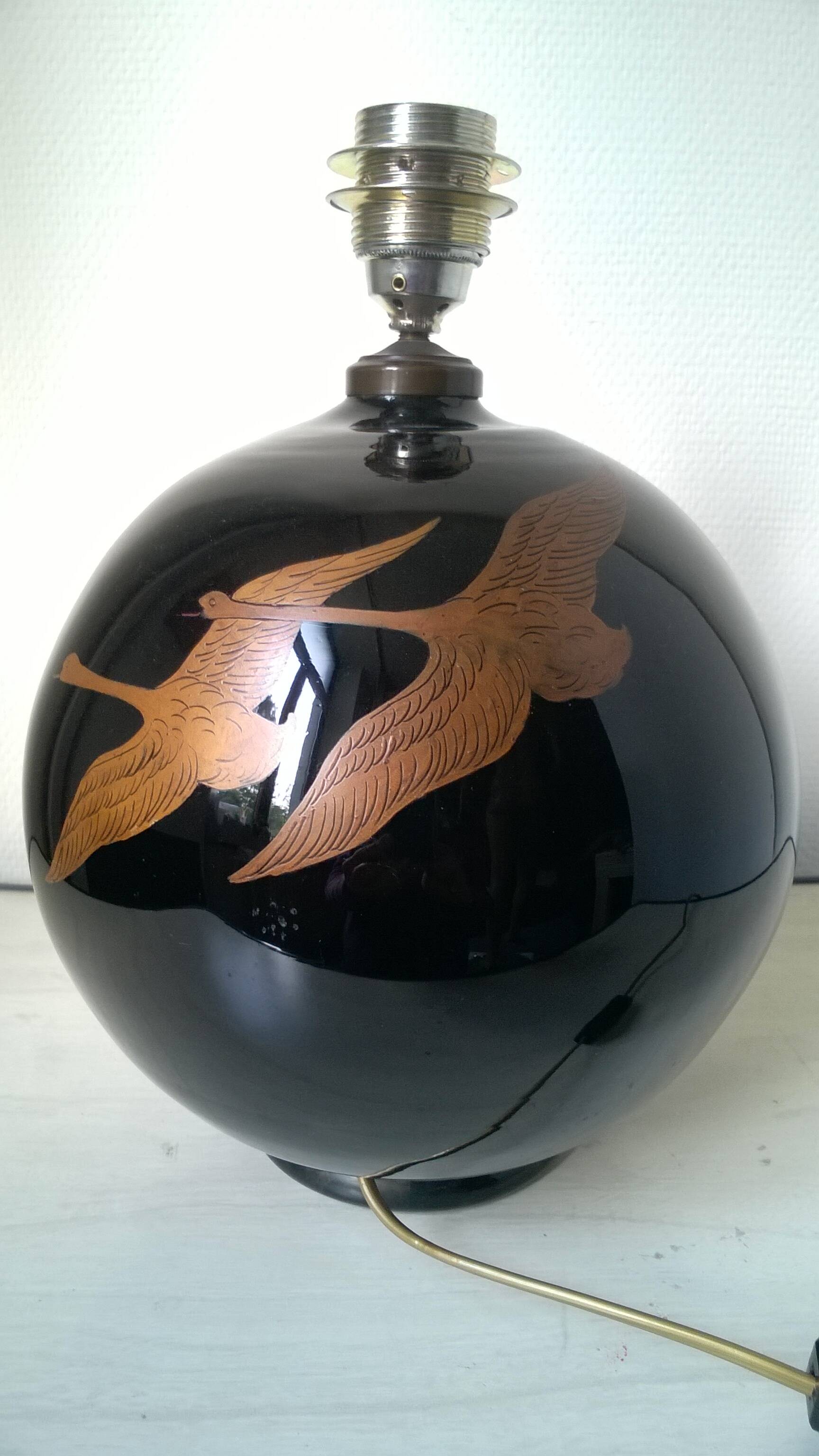 Hand-painted black opaline ball lamp base c.1930/40 Jacques Adnet style