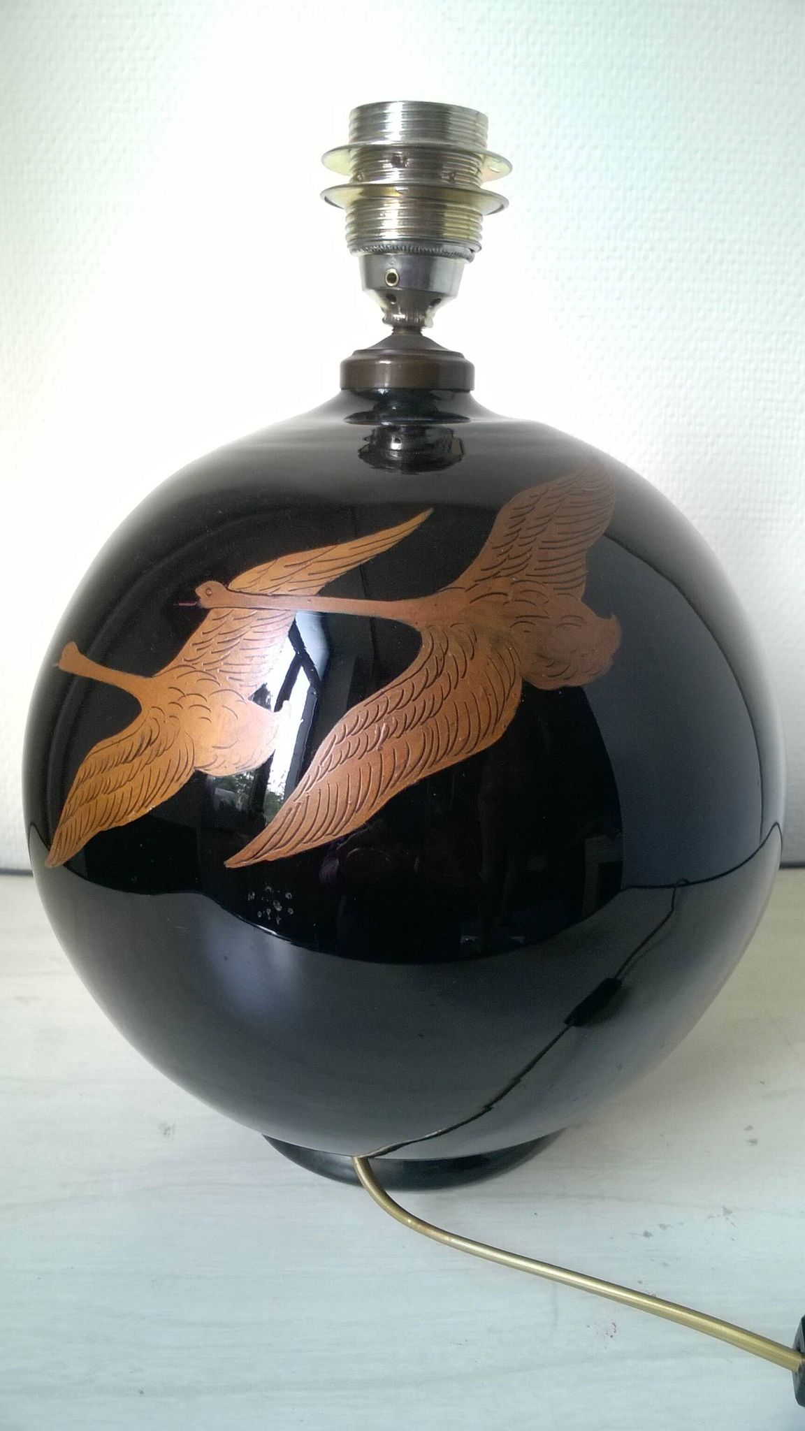Hand-painted black opaline ball lamp base c.1930/40 Jacques Adnet style