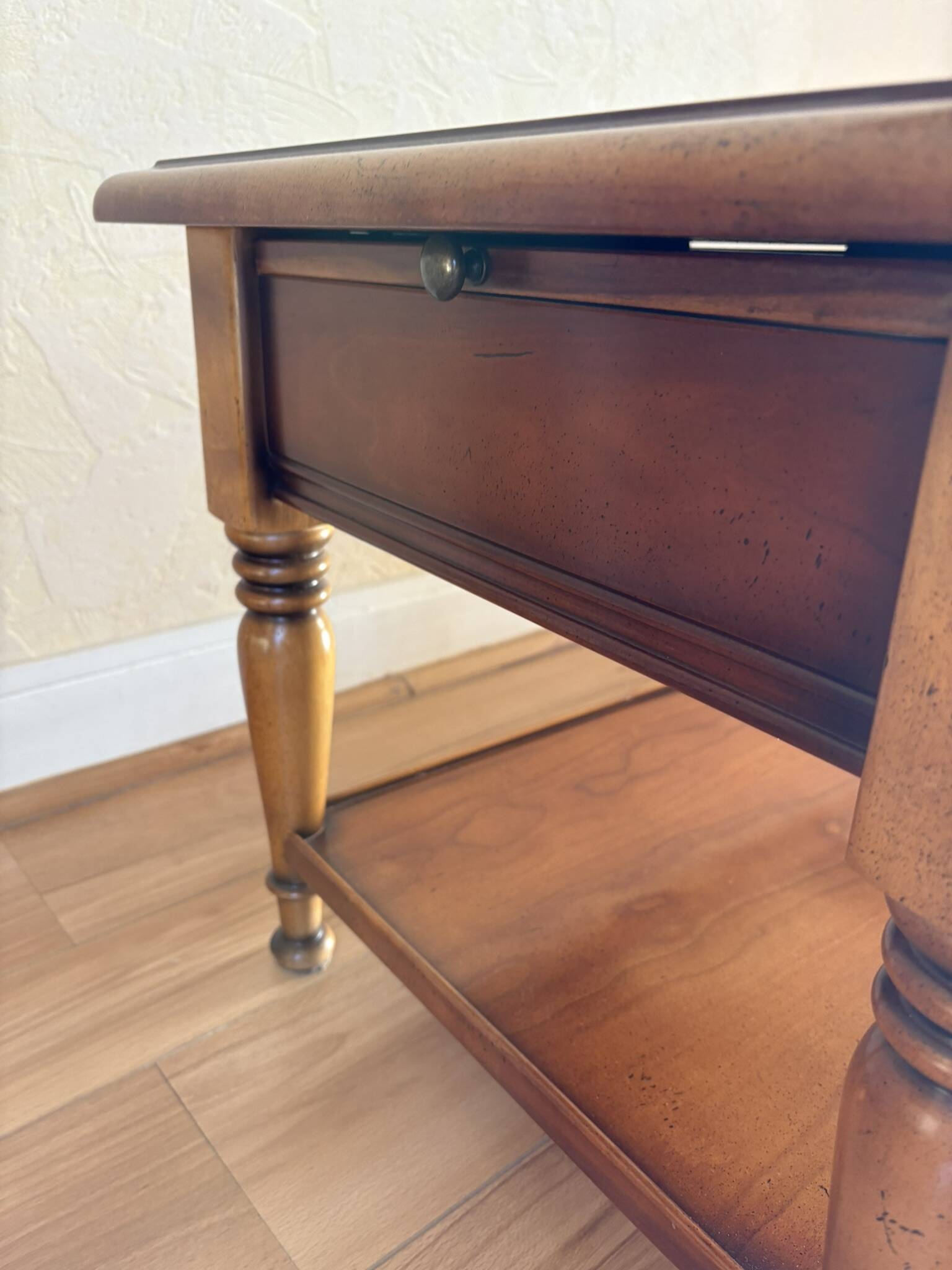 Vintage wooden coffee table with drawer and shelves