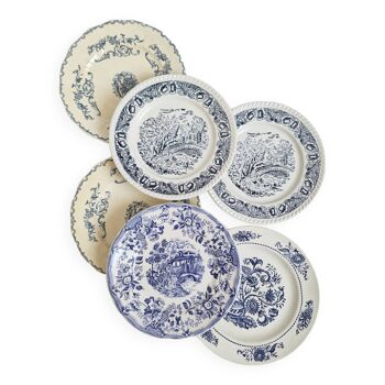 Assiettes plates vintage blanc et bleu