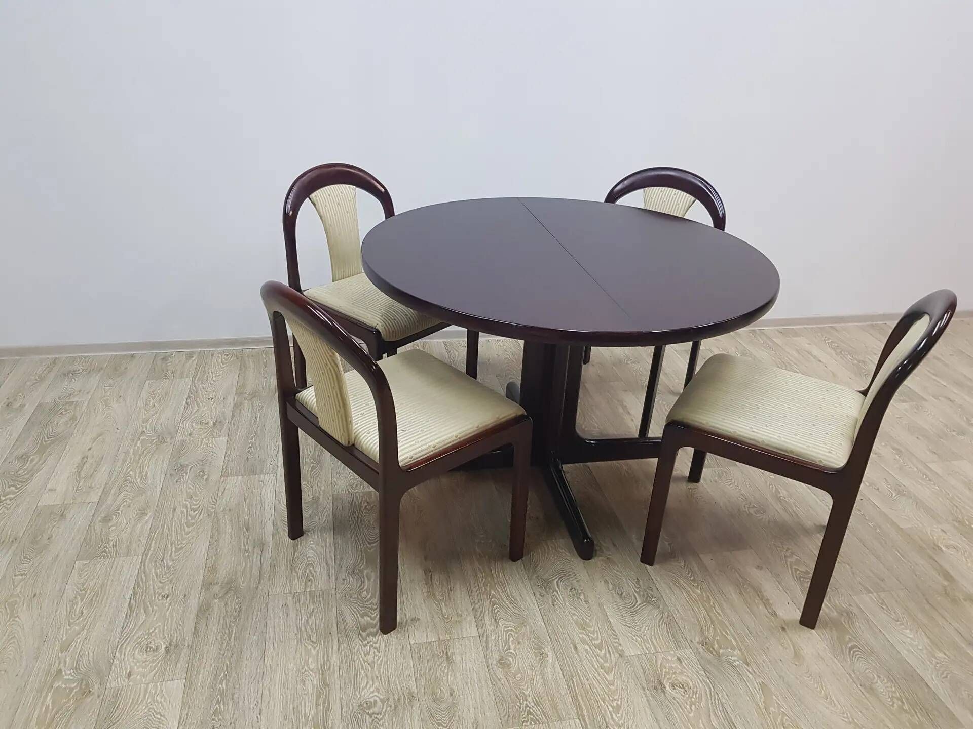 Dining set, brown mahogany, beige fabric, Lübke, Germany, 1960s.