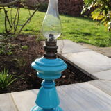 Blue opaline oil lamp