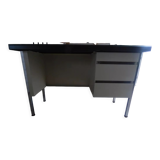 Industrial metal desk from the 70s with three drawers and glass top