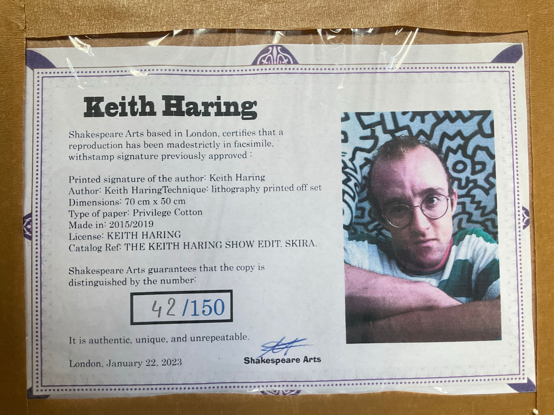 Numbered keith haring silkscreen with certificate.