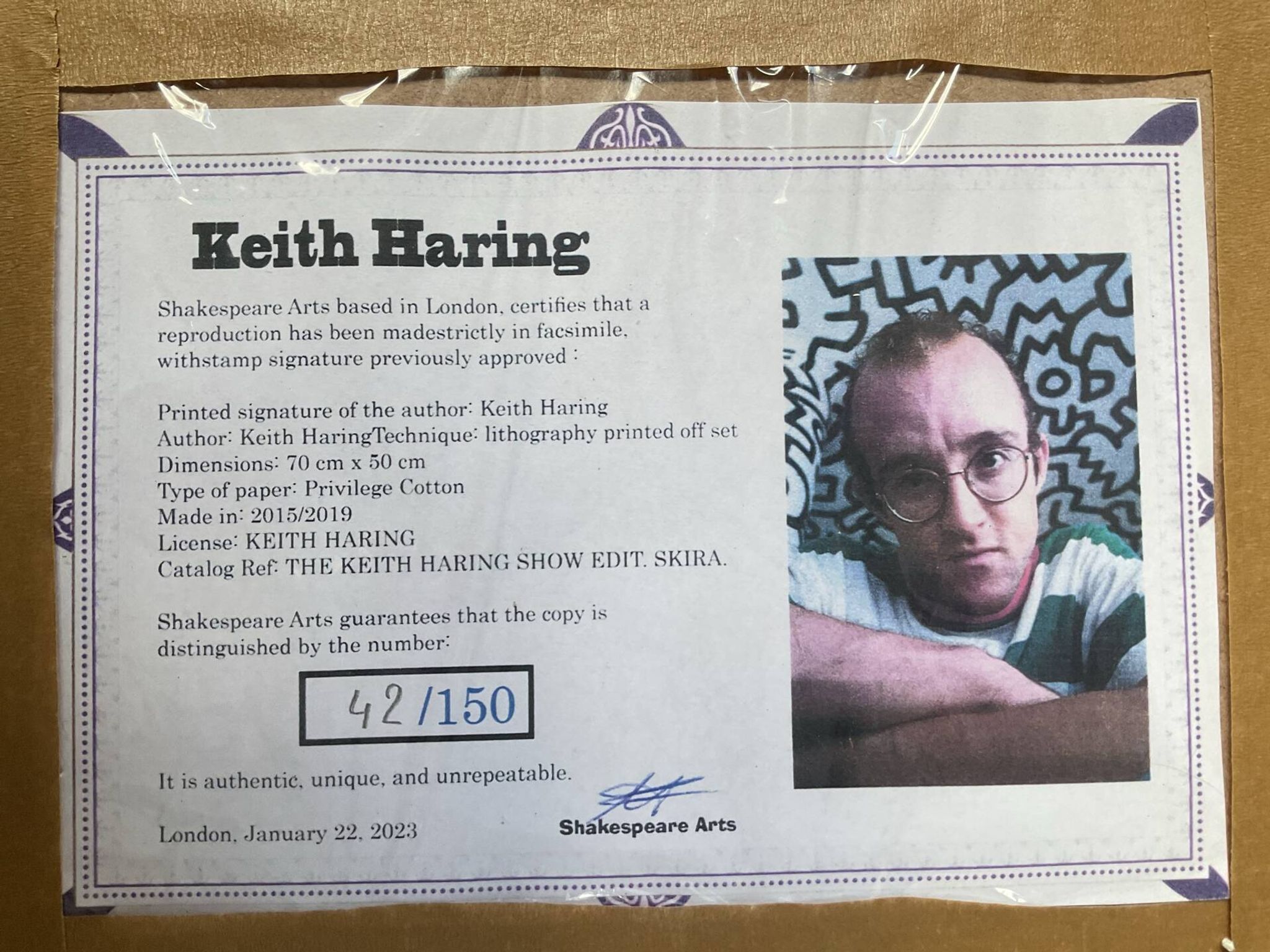 Numbered keith haring silkscreen with certificate.