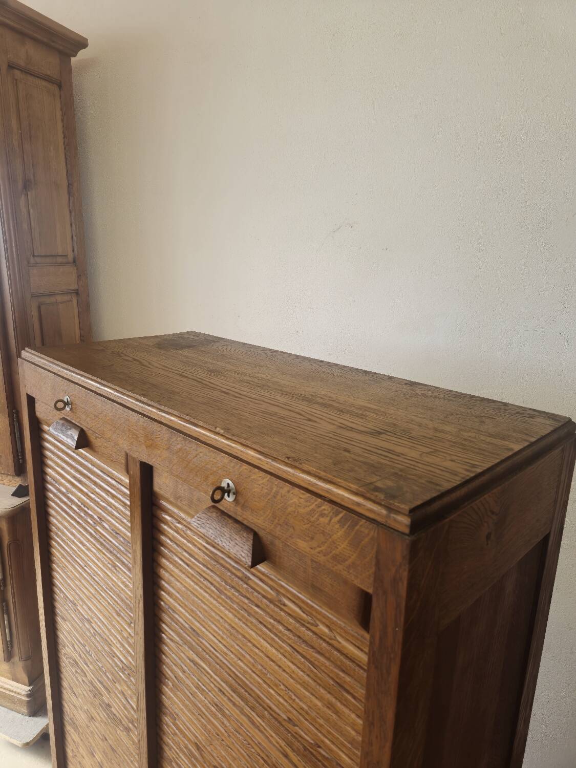 Antique 1950s double sliding door filing cabinet with curtains