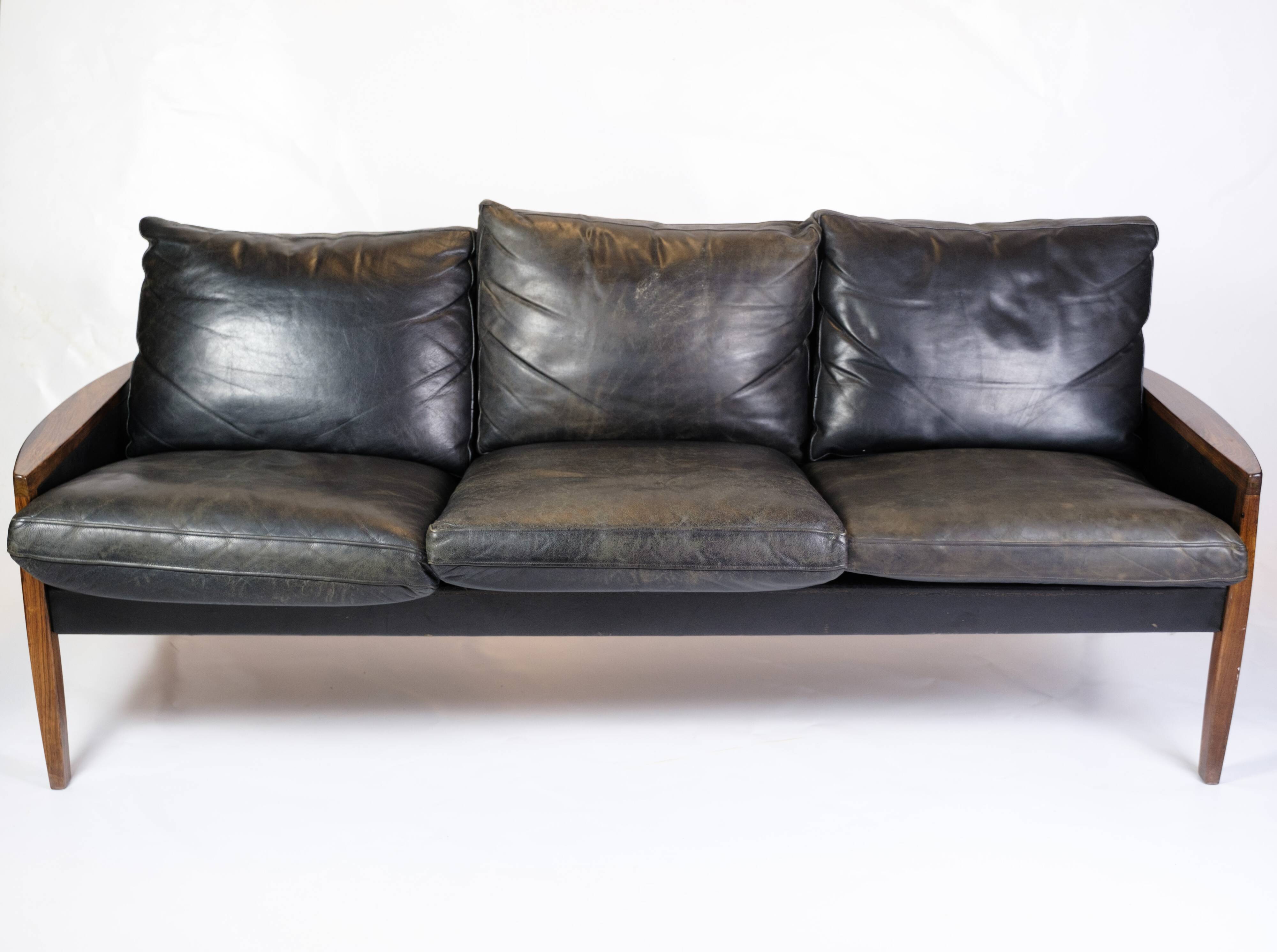 3. Pers Sofa Made In Rosewood & Black Leather Cushions By Hans Olsen From 1960s