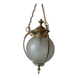 Ancien lustre suspension lanterne bronze laiton globe en verre gravé luminaire