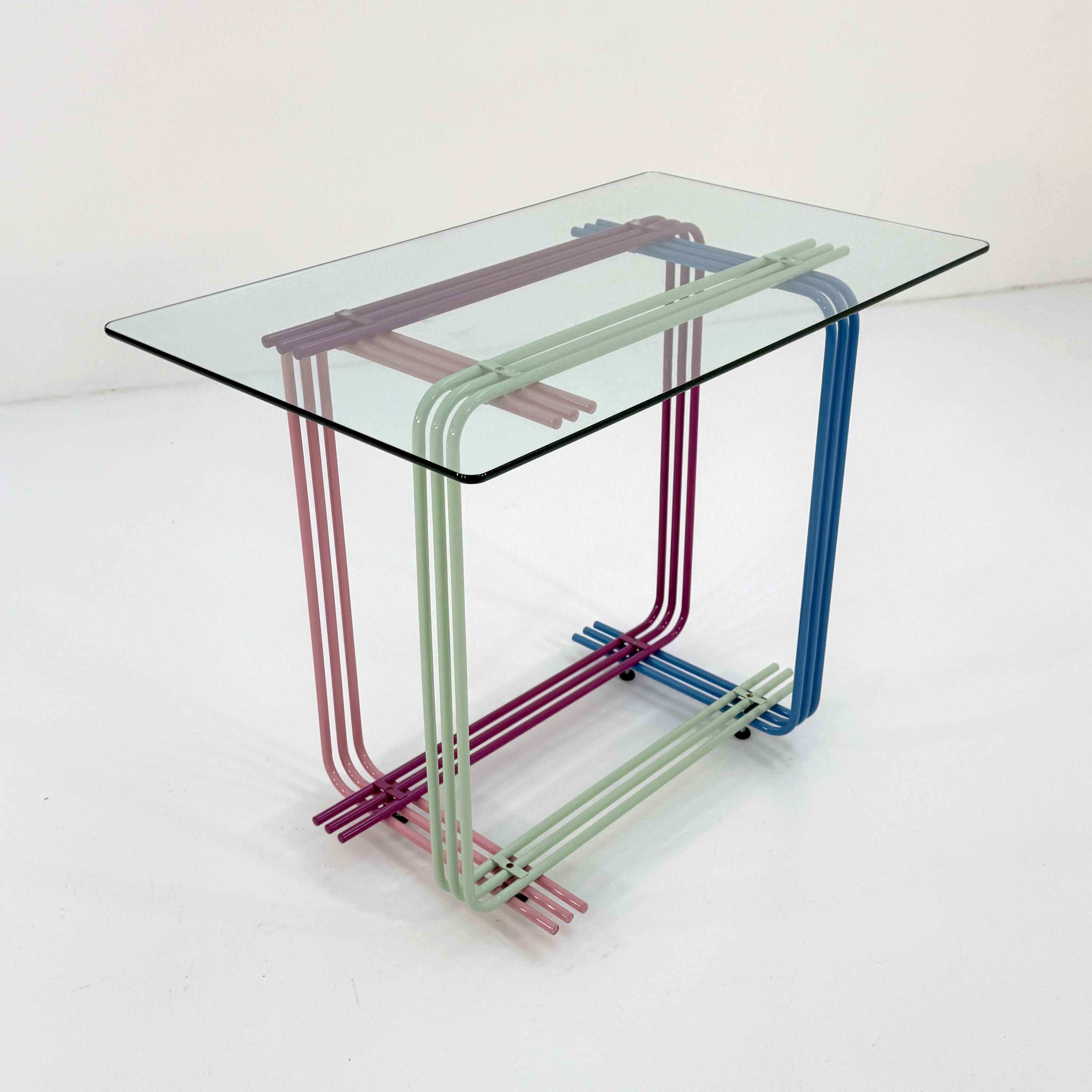 Multicolored metal and glass console, 1980