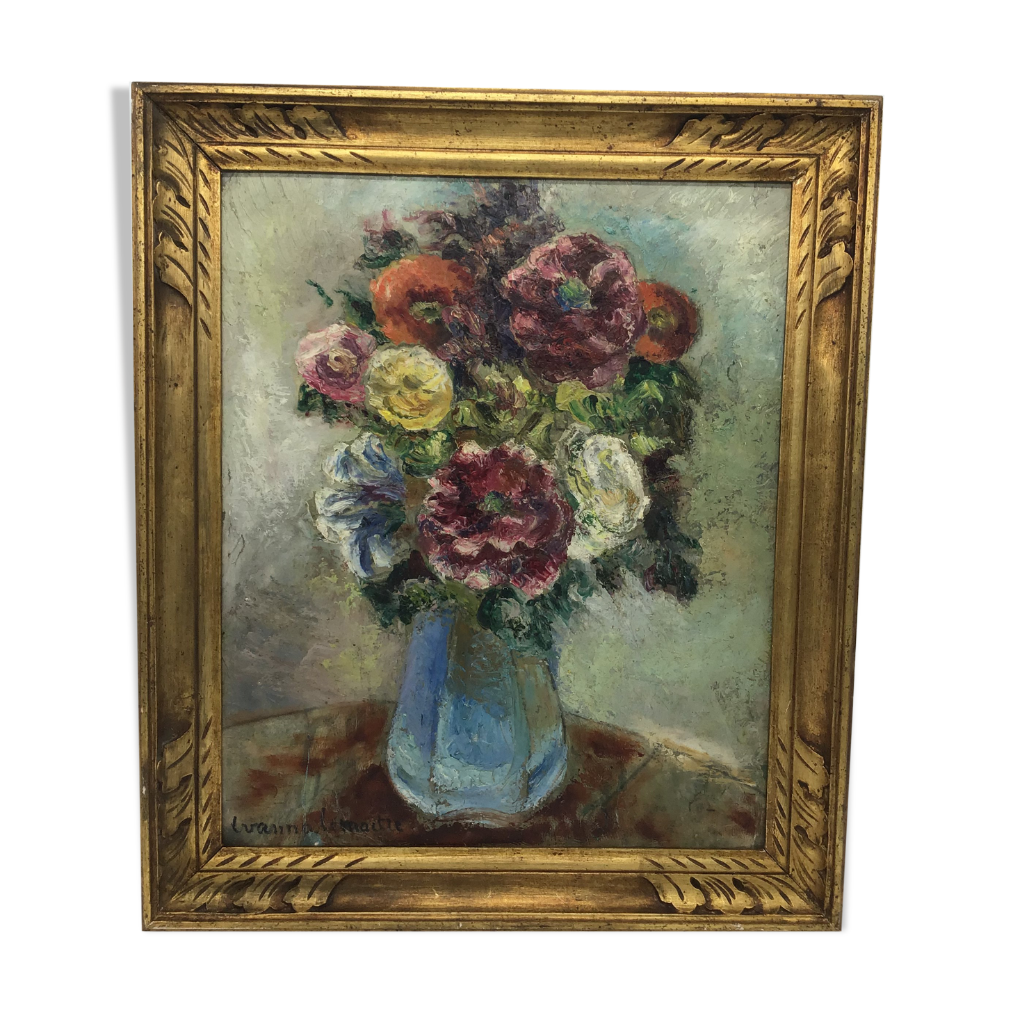 Antique painting, flowers in a vase