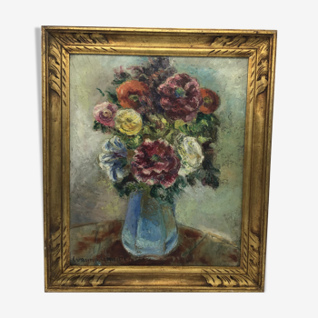 Antique painting, flowers in a vase