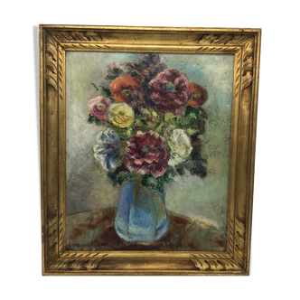 Antique painting, flowers in a vase