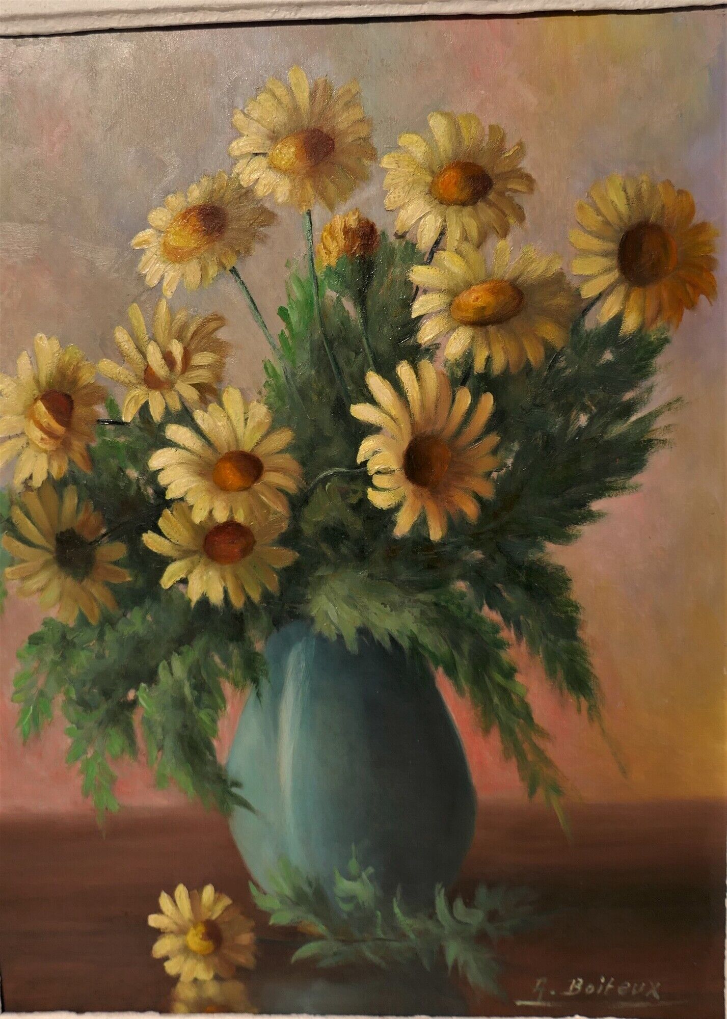 Painting bouquet of yellow daisies signed Auguste Boiteux