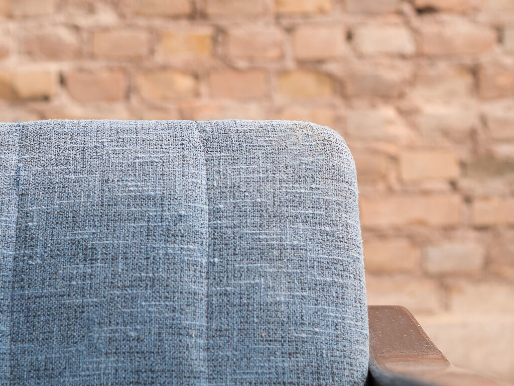 Sofa bed in solid beech with blue fabric, circa 1970