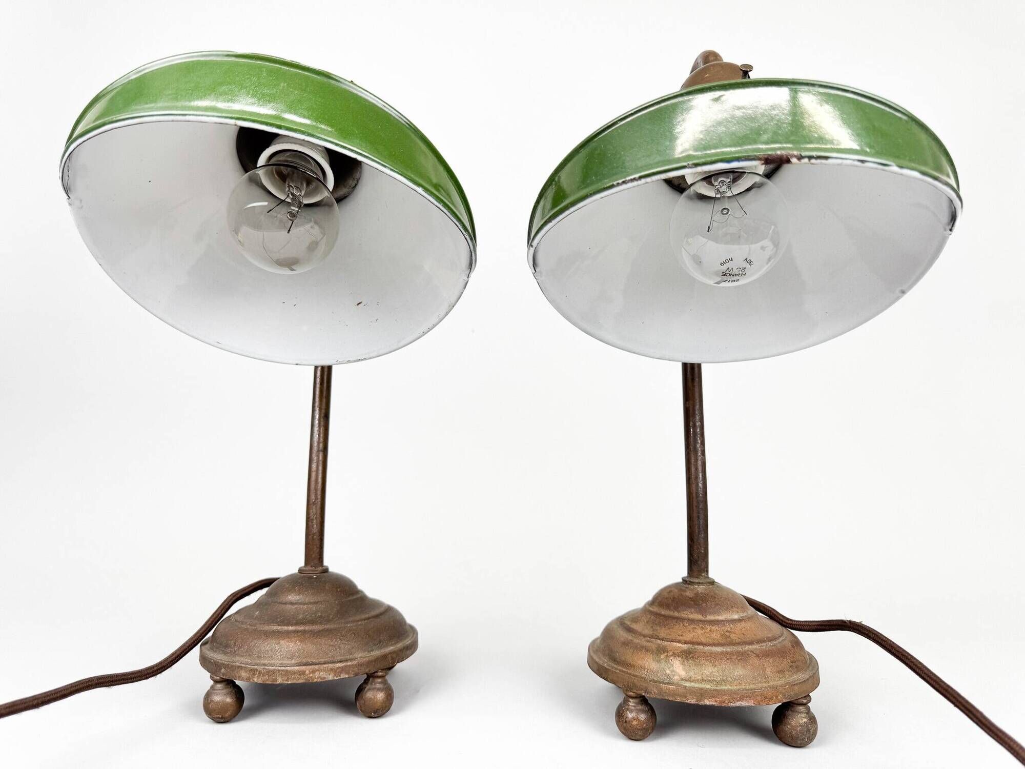 Pair of Unique 1920's Enamel & Cast Iron Desk Lamps, Czechoslovakia