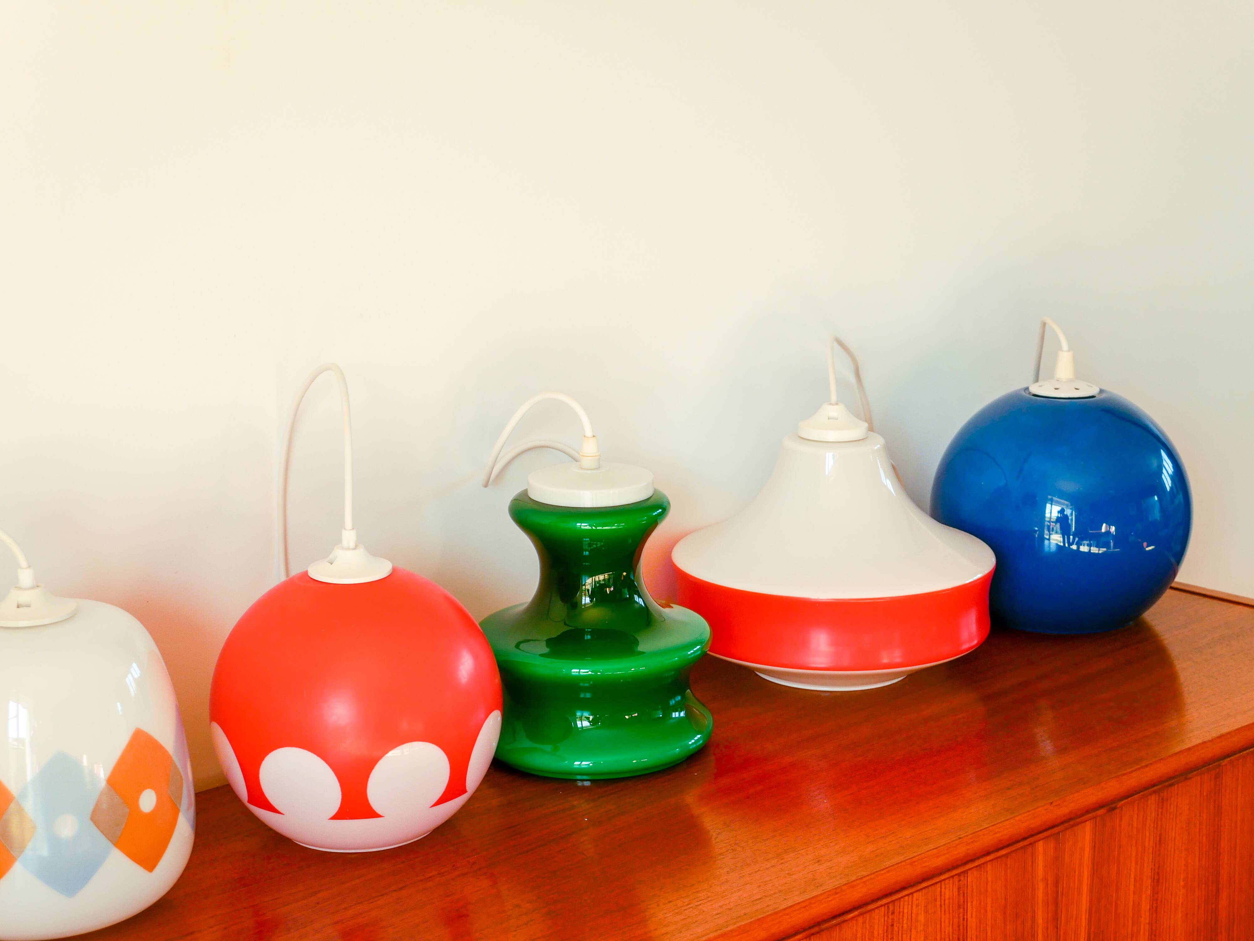 Spherical pendant light in royal blue opaline design 1970
