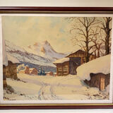 Tableau ancien, paysage de neige signé Salanon  milieu du XX siècle