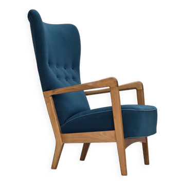 Fauteuil danois des années 1970 par Fritz Hansen, en laine de mobilier, bois de hêtre.