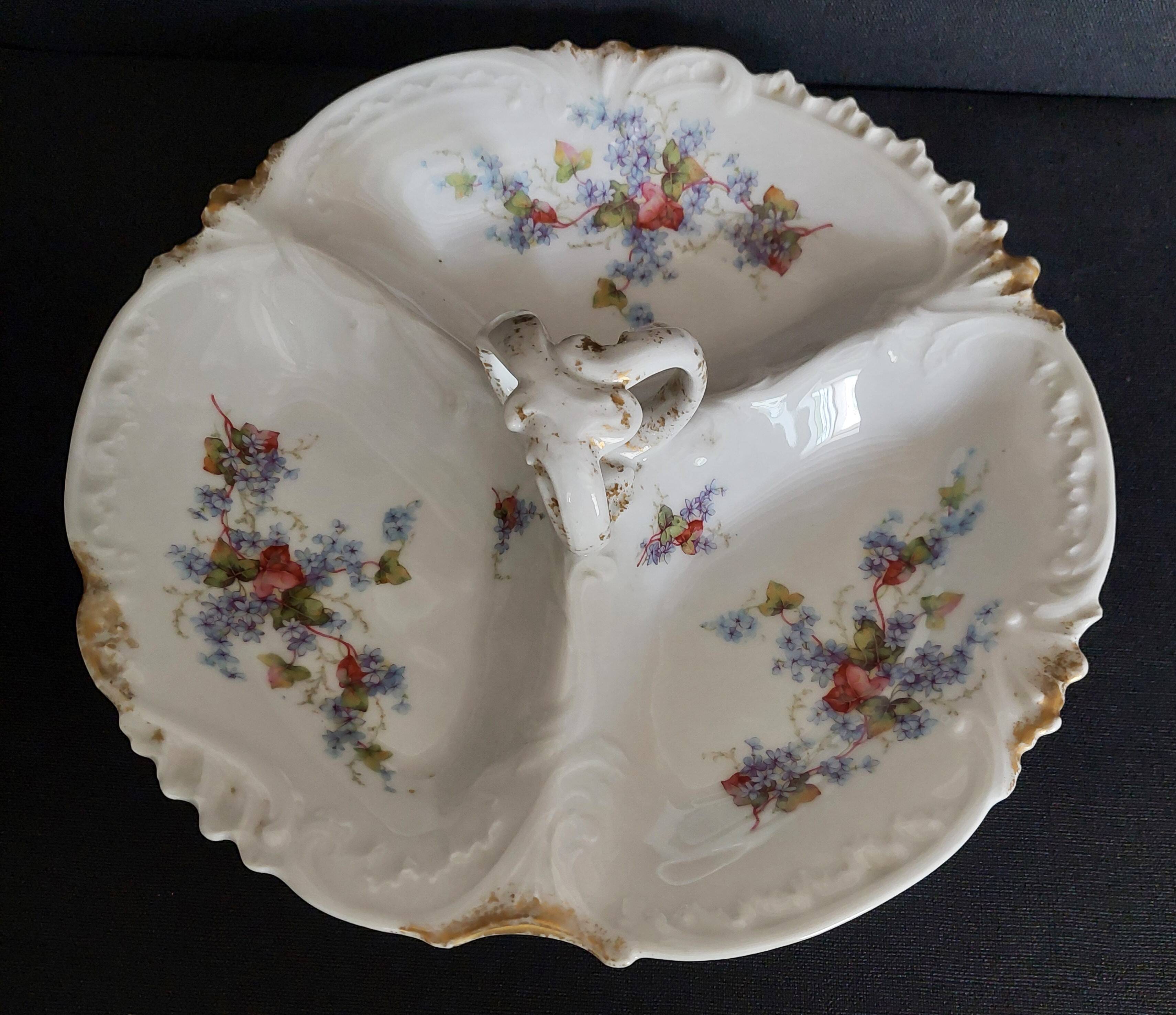 Serving dish beggar porcelain flowered Limoges early 20th century
