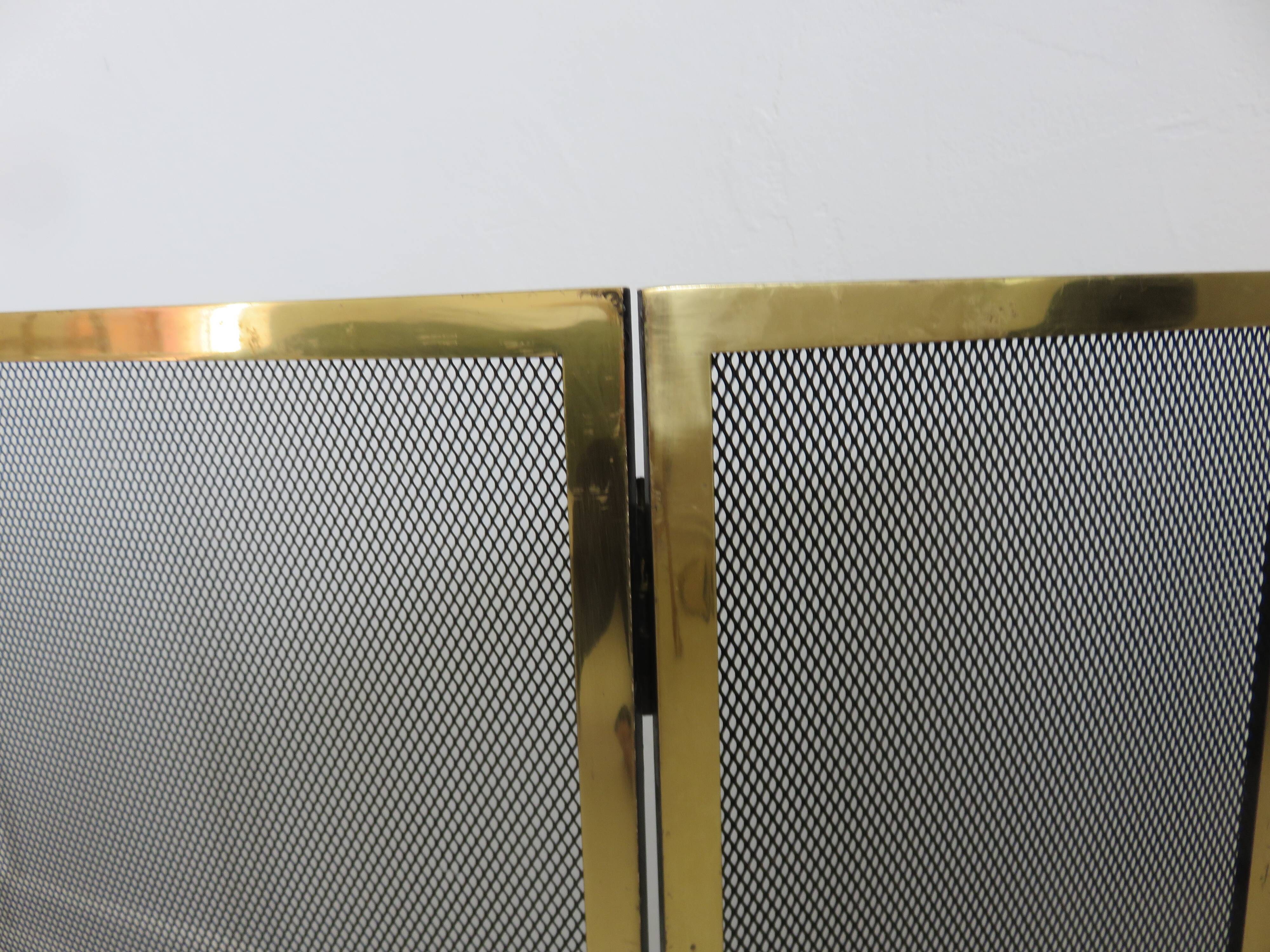 Fire screen, 3-panel brass spark screen for fireplace, modernist, minimalist, 1970