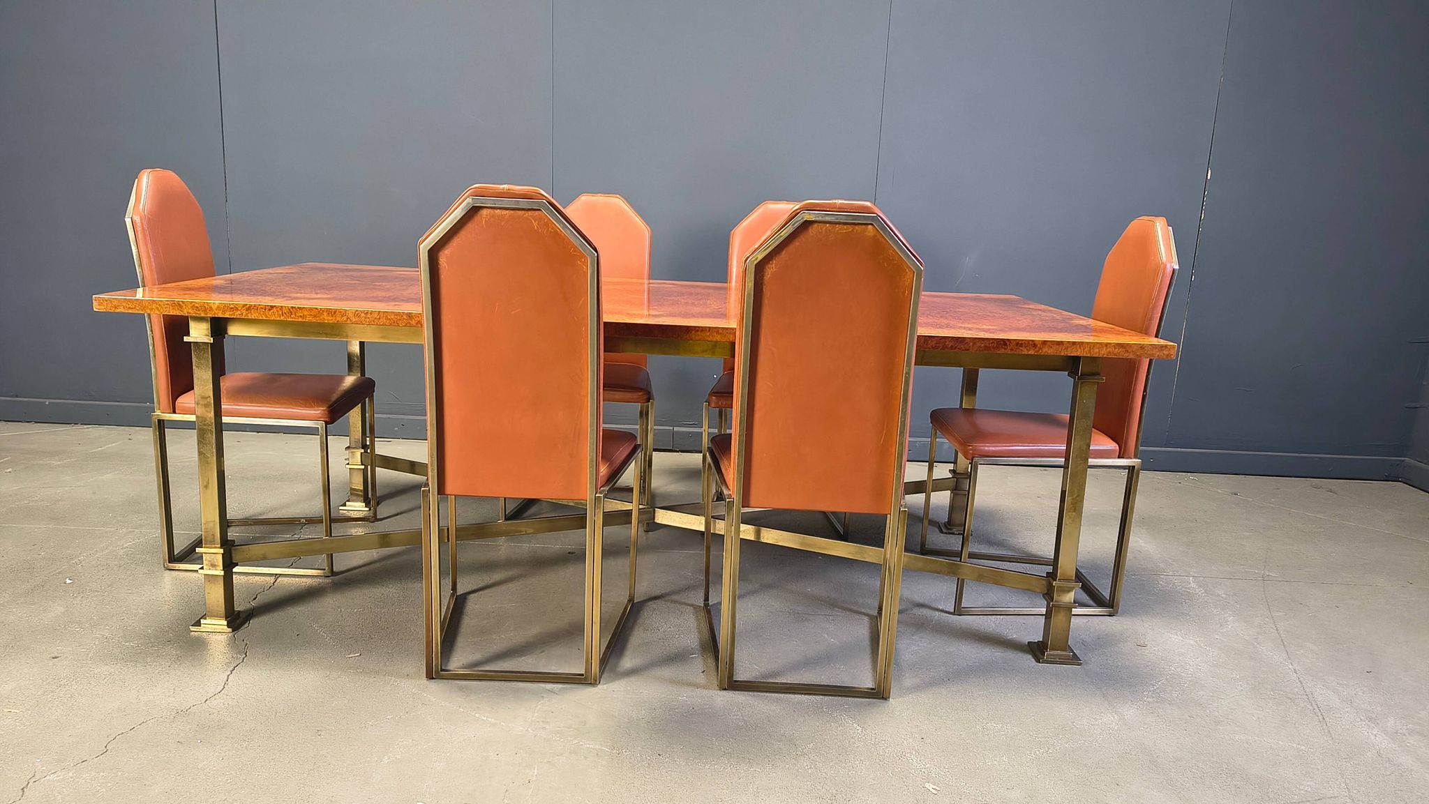 Vintage burl wood and brass dining table by Belgochrom, 1970s