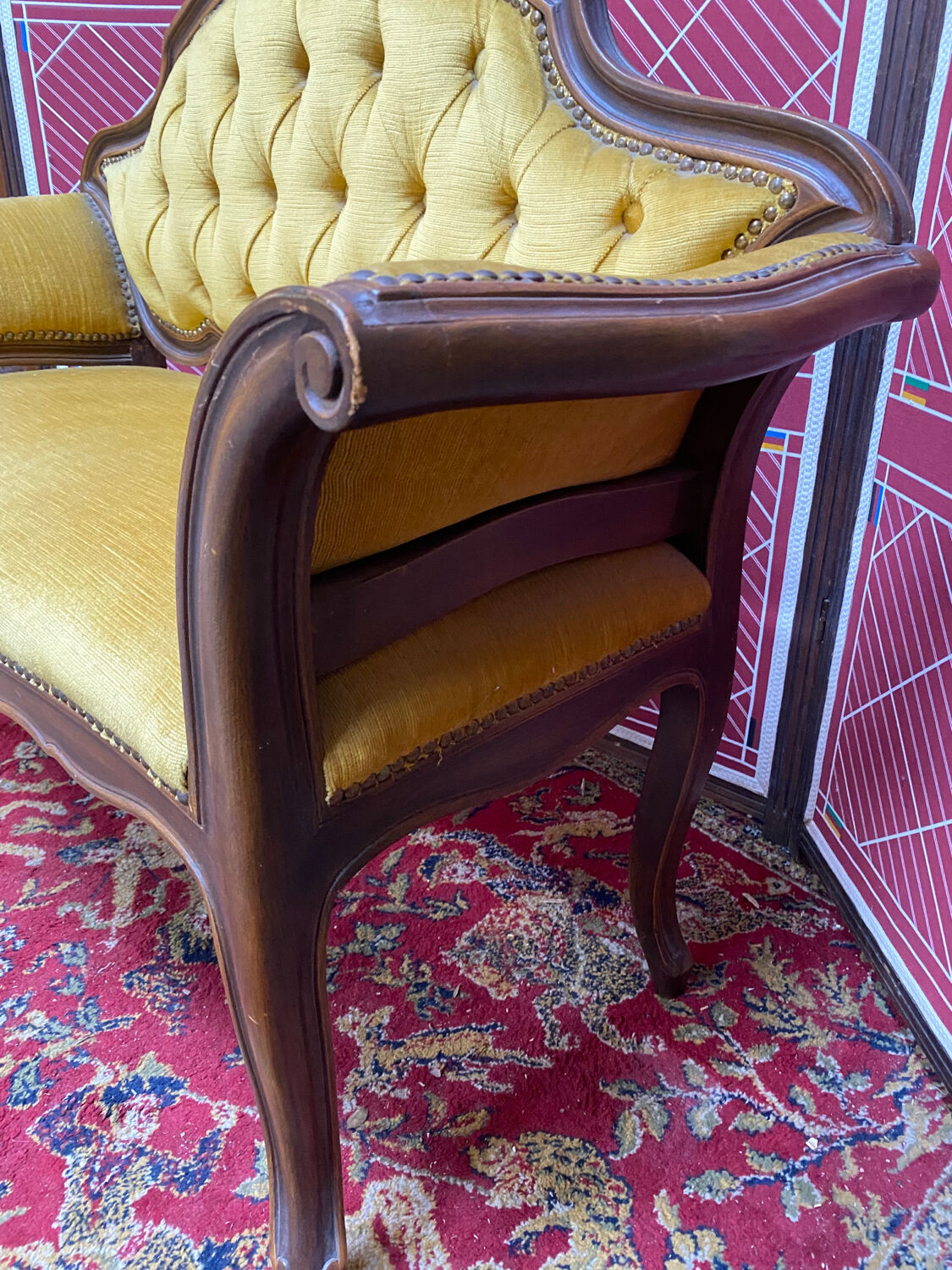 Louis XV style bench upholstered yellow velvet