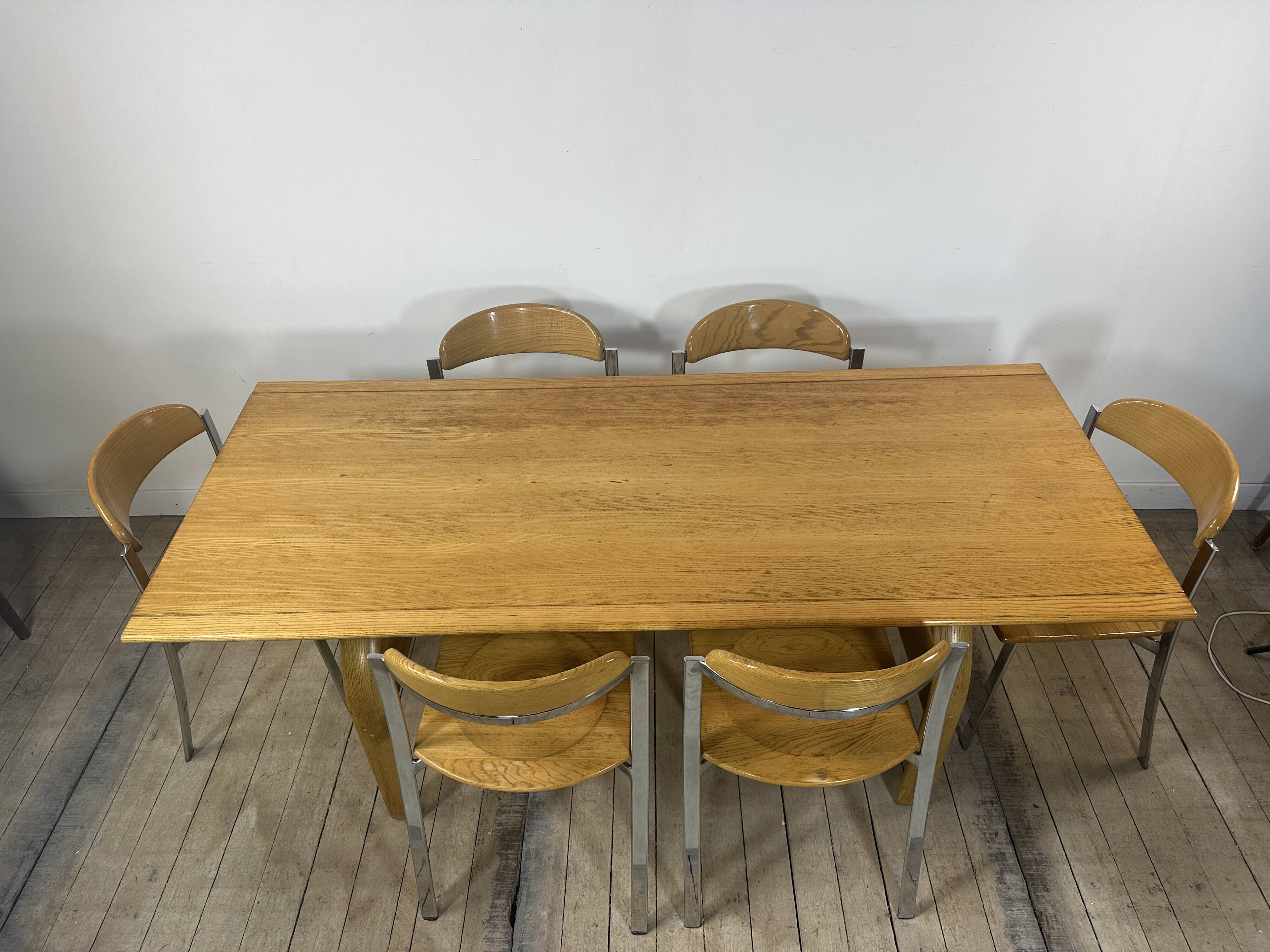 Vintage 1980s oak and chrome dining table + 6 chairs.