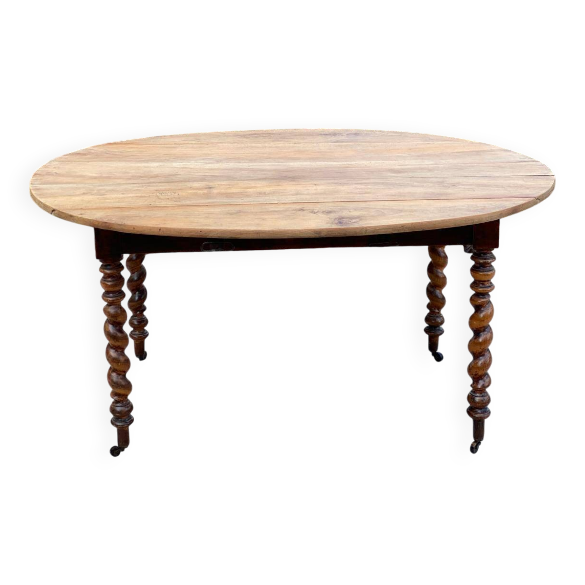 Louis Philippe oval table with shutters, 19th century, solid oak wood, twisted leg