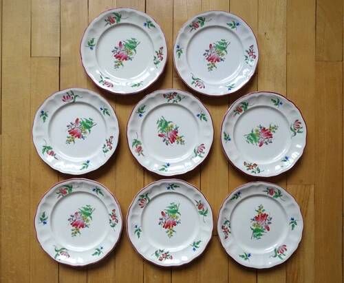 Kg luneville "réverbère" 8 dessert plates earthenware hand-painted flowers ø20.5cm