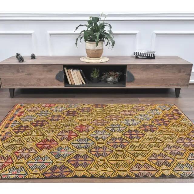 Yellow Handwoven Vintage Turkish Wool Flatweave Kilim Rug 118x200